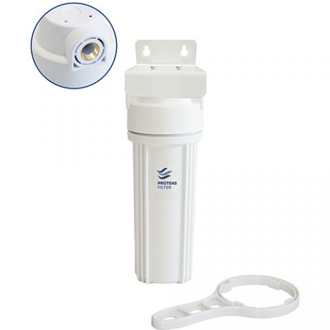 ENERGYWATER Μονή Φιλτροθήκη 2M Λευκή Πλαστική 10″ - 1/2″ - Ορειχάλκινο Σπείρωμα - Κλειδί & Βάση