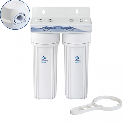 ENERGYWATER Διπλή Φιλτροθήκη 2M Λευκή Πλαστική 10″ - 1/2″ - Κλειδί & Βάση