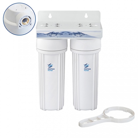 ENERGYWATER Διπλή Φιλτροθήκη 2M Λευκή Πλαστική 10″ - 1/2″ - Ορειχάλκινο Σπείρωμα - Κλειδί & Βάση