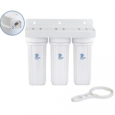 ENERGYWATER Τριπλή Φιλτροθήκη 2M Λευκή Πλαστική 10″ - 1/2″ - Ορειχάλκινο Σπείρωμα - Κλειδί & Βάση
