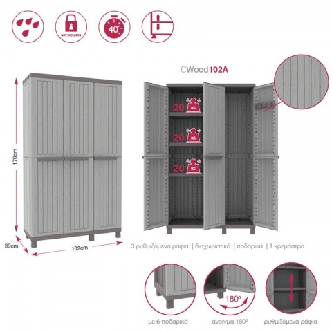 Terry Ντουλάπα Πλαστική CWood 102Α - 3Φυλλη 1020 x 390 x 1700mm (Γκρι / Σκούρο Γκρι)